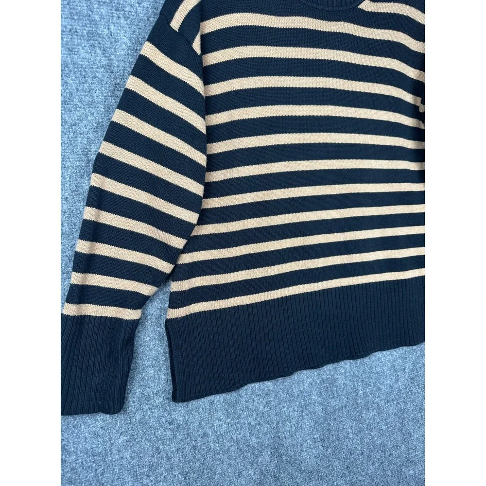 J.Crew Womens Striped Cotton Sweater XS Preppy Navy Tan Crewneck Pullover